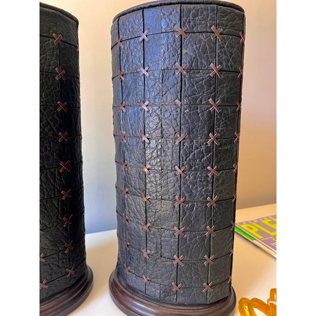Vintage Black Leather Patchwork Cross Stitch Table Lamps; A Pair For Sale - Image 9 of 9