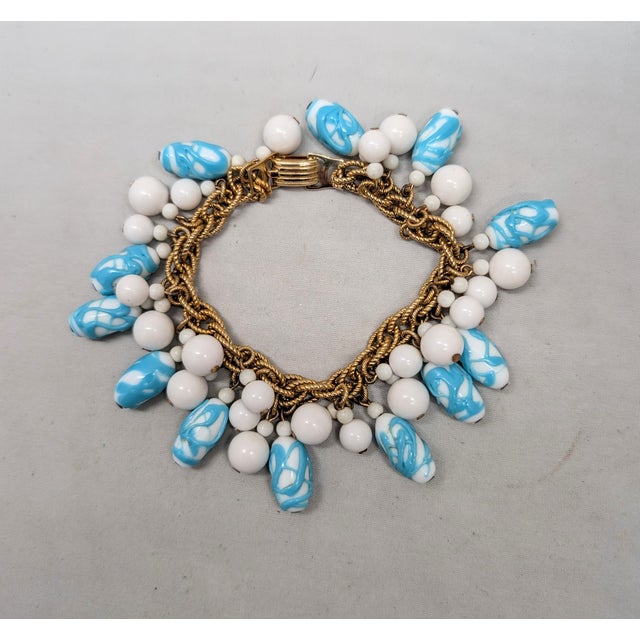 Vintage Napier Book Piece Goldtone Blue & Turquoise Art Glass Charm Bracelet, 1967 For Sale - Image 13 of 15