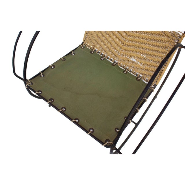 Mid-Century Modern Iron Hoop Chair With Canvas Seat and Wicker Back For Sale - Image 3 of 10
