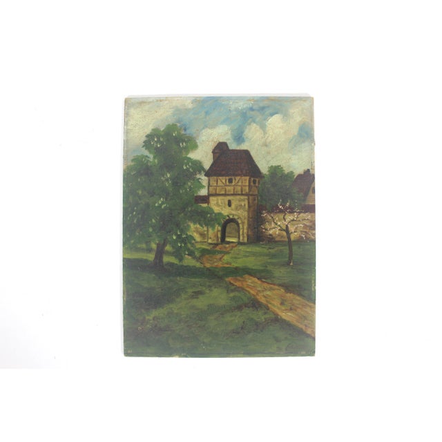 English Vintage Oil Painting of a Landscape With Castle Gate Unframed Small Europe For Sale - Image 3 of 8