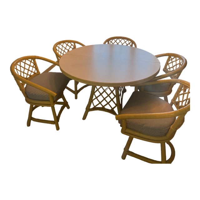 Ficks Reed Distressed Pineapple Bamboo 4 Ft Round Pedestal Table W 5 Swivel Dining Chairs W 18 in Table Extension For Sale