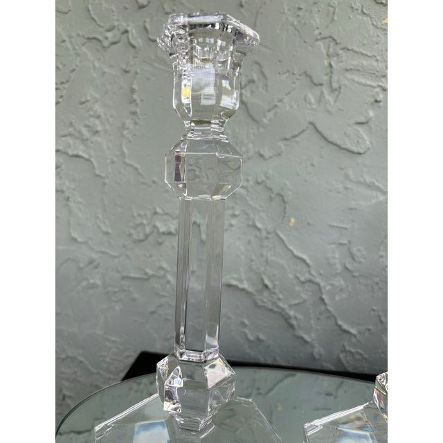 Transparent Vintage Val St. Lambert Gardenia Crystal Candlesticks, Pair – Belgian Geometric Art Deco Style For Sale - Image 8 of 11