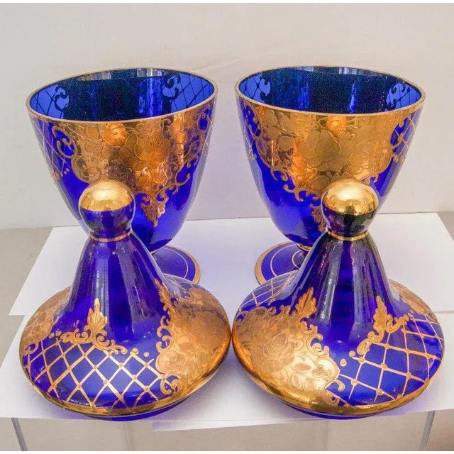 Murano 1960s Cobalt Blue & Gold Murano Glass Urns - a Pair For Sale - Image 4 of 6