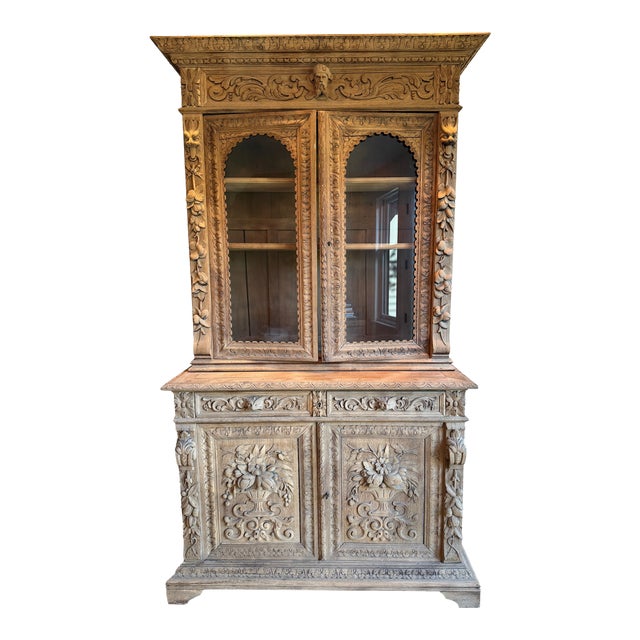19th Century French Louis XIII Bleached Oak Hunting Buffet Deux Corps/Bookcase For Sale