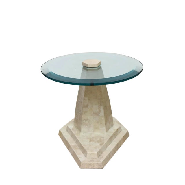 This vintage 1970's tessellated stone and glass side table is by Maitland Smith. It is very versatile.