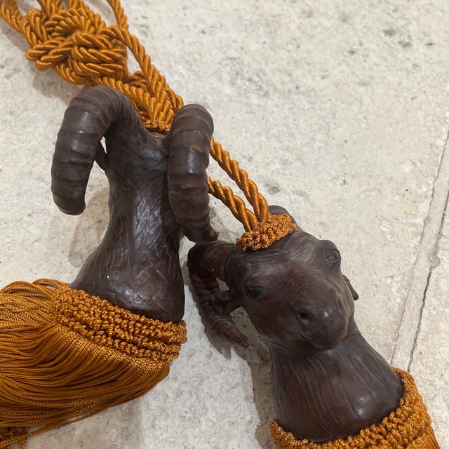 Animal Skin 1970s Pair Ram Head Leather Wrapped Curtain Tieback Tassels For Sale - Image 7 of 11