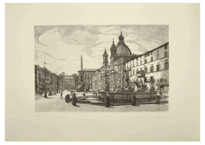 Giuseppe Malandrino, View of Piazza Navona, Etching, 1970