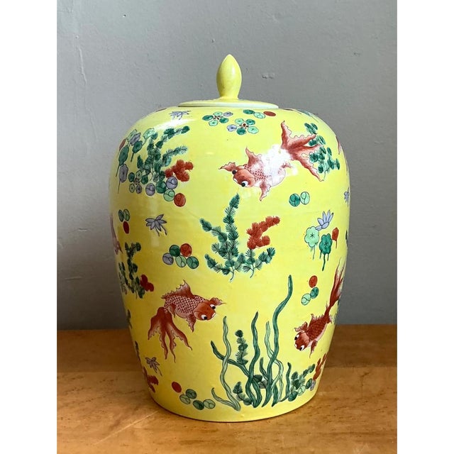 Vintage Yellow Ceramic Fish Motif Jar For Sale - Image 11 of 12