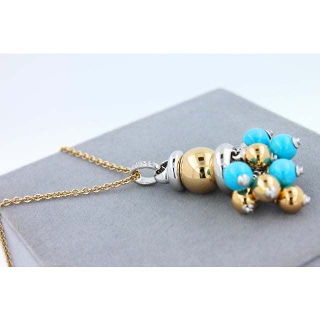Blue Turquoise Diamonds Golden Sphere Bells Motif Two Tone Gold Pendant Necklace For Sale - Image 14 of 15