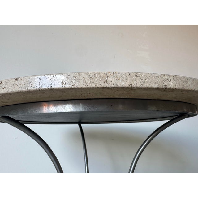 Metal Italian Hollywood Regency Maison Jansen–Style Chrome & Brass Accent Table With Travertine Marble Top For Sale - Image 7 of 12