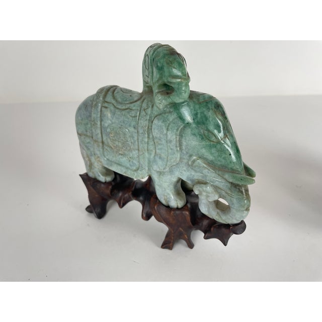 Gemstone Pair of Chinese Carved Jade Elephant Sculptures on Custom Hardwood Stands For Sale - Image 7 of 12
