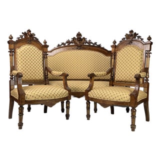 19th-Century Italian Renaissance Revival Carved & Gilt 3-Piece Parlor Suite – Settee & Armchairs For Sale