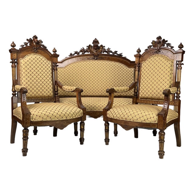 19th-Century Italian Renaissance Revival Carved & Gilt 3-Piece Parlor Suite – Settee & Armchairs For Sale