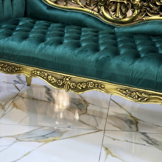Baroque Style Green Velvet Settee Tufted For Sale - Image 4 of 14