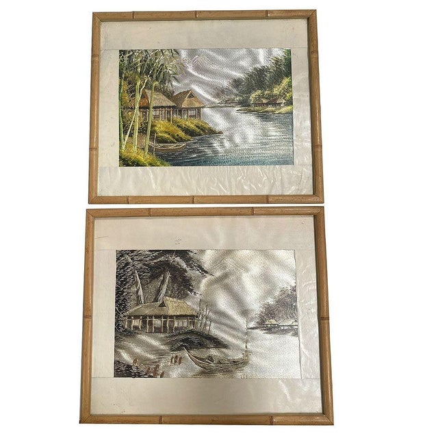 Set of 3 Mid-century era Chinese Silk Embroidery Tapestry Art of Tropical Landscape in Rattan Frames. Each piece depicts a...