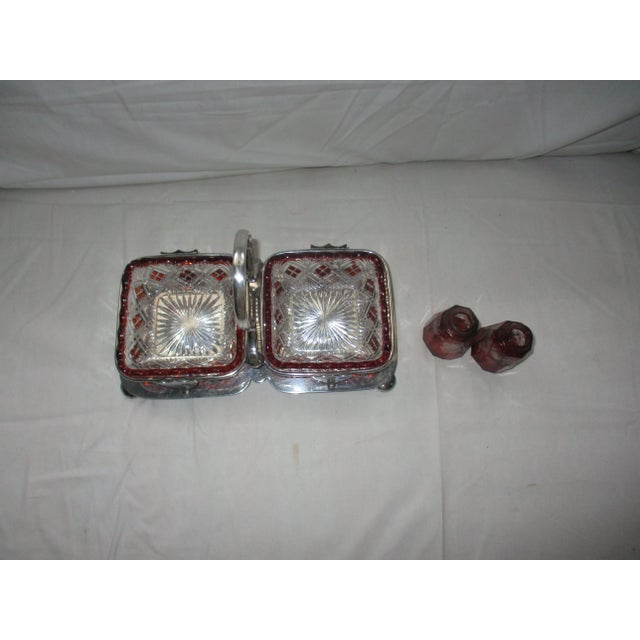 Victorian 1900s Antique Daniel & Arter Silverplate Condiment Caddy Cranberry Glass Insert For Sale - Image 3 of 8