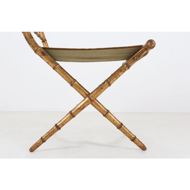 French Faux‑Bamboo Folding Chair in Gilded Wood and Green Fabric, 1850 For Sale - Image 9 of 11