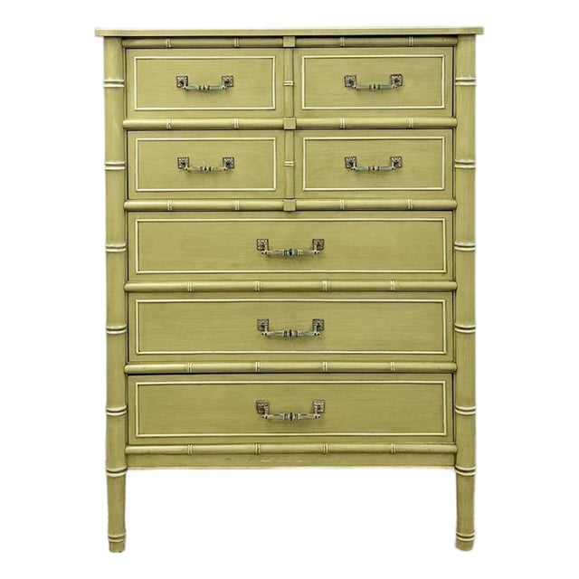Mid 20th Century Henry Link Bali Hai Tallboy Dresser Green Vintage 5 Drawer Hollywood Regency For Sale