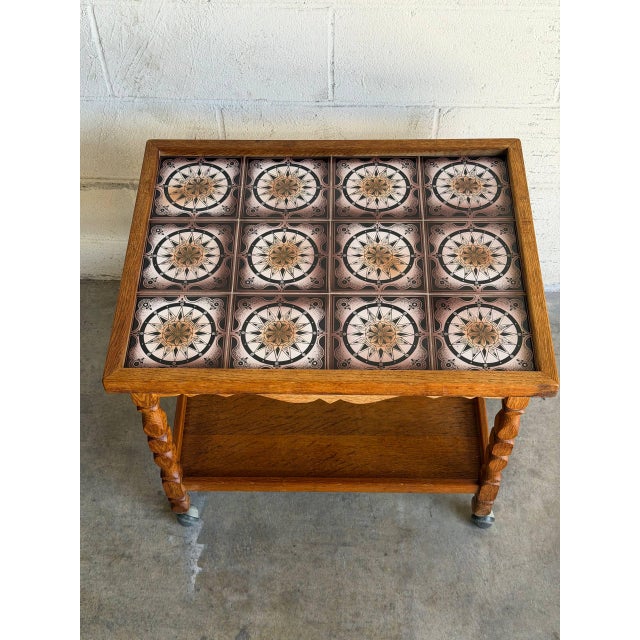 Oak Rolling Bar Cart Patterned Tile Top Serving Tea Trolley in Style of Henning Kjaernulf Denmark 1960s For Sale In Los Angeles - Image 6 of 9