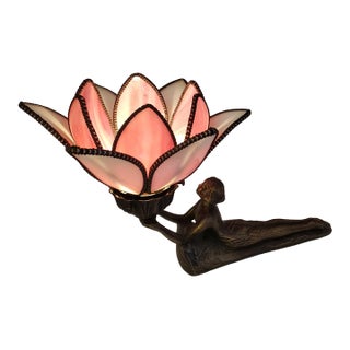 Early 20th Century Art Deco Figural Nude Sculptural Bronze Lotus Lamp For Sale