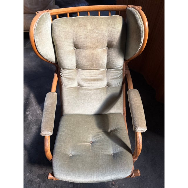Rattan and Light Green Velvet Armchair, 1960s For Sale - Image 6 of 8