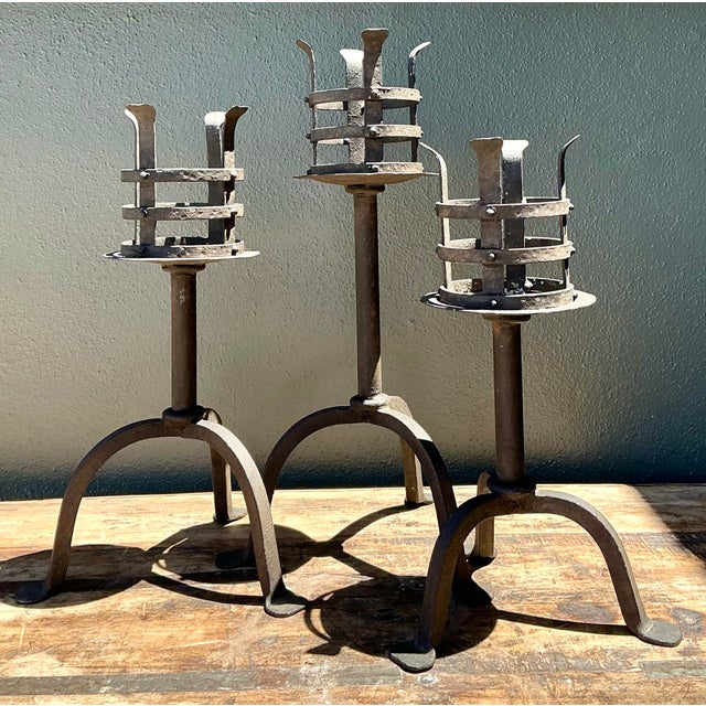 Vintage Hammered Wrought Iron Cage Candlesticks - Set of 3 For Sale - Image 4 of 12