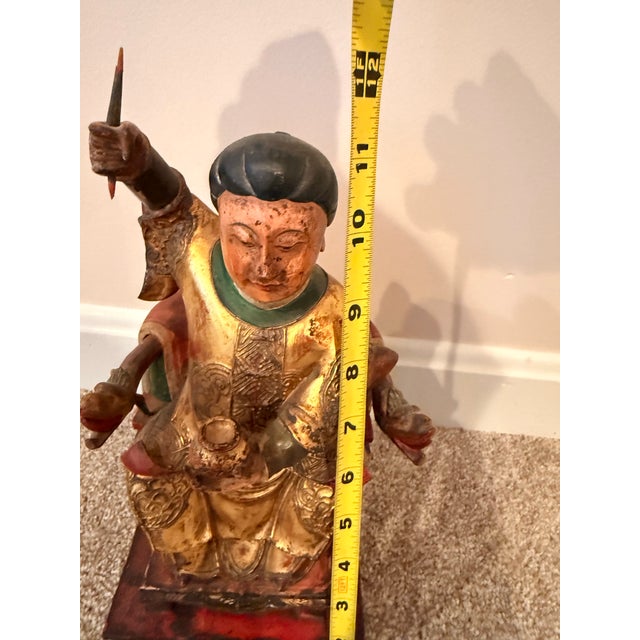 Late 19th C. Chinese Giltwood & Lacquer Taoist Deity Statue With Original Spear For Sale - Image 11 of 12