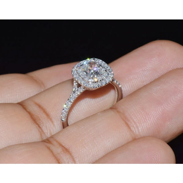 Transparent Genuine Tiffany & Co. Natural 1.30Cts Diamond Soleste 950 Platinum Engagement Ring, size 6 For Sale - Image 8 of 10