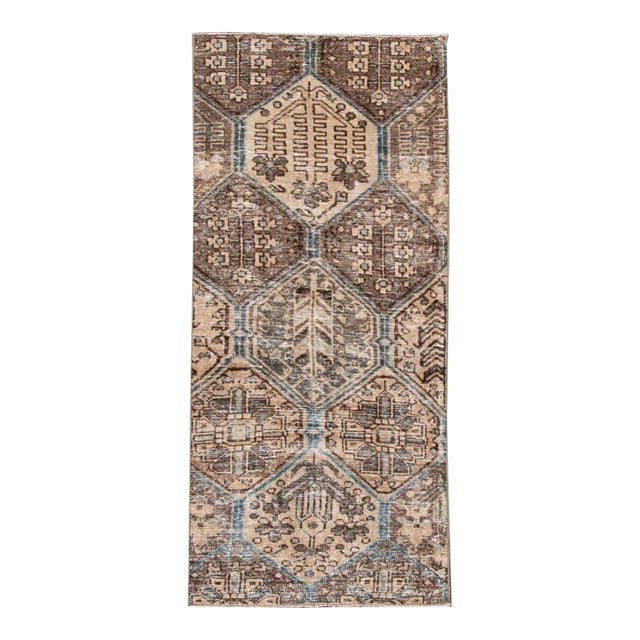 Vintage Distressed Handmade Beige Geometric Rug For Sale