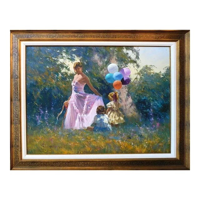 Robert Hagan "Afternoon Playtime" Hand Signed Figurative Impressionist Style Oil Painting on Canvas For Sale