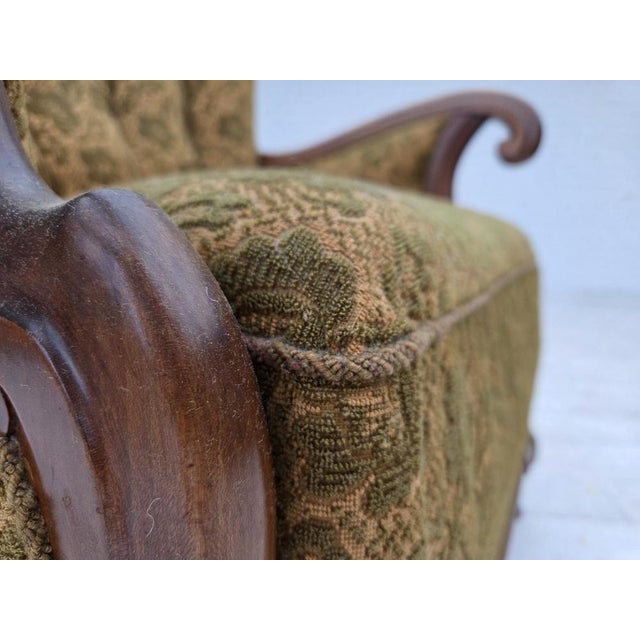 Mid-Century Modern Danish Armchair in Wool and Hand-Carved Oak, 1950s For Sale - Image 3 of 18