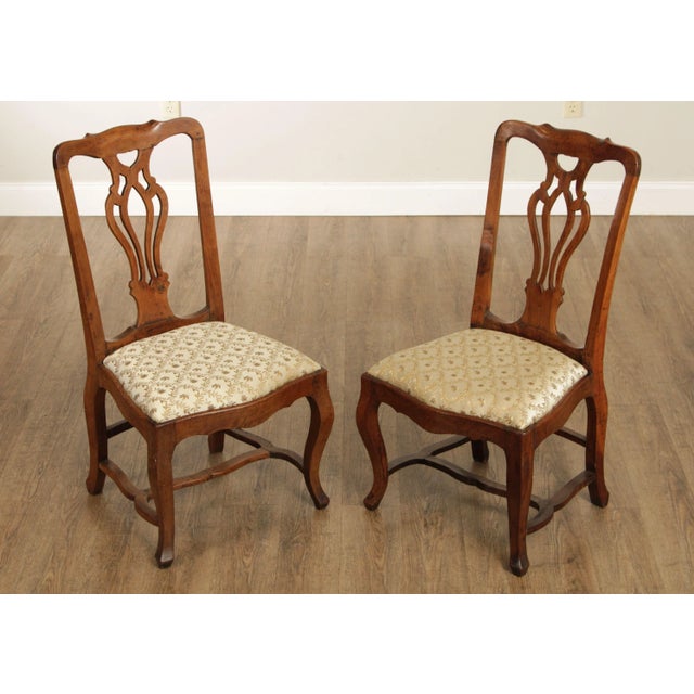 High Quality Antique 19th Century Italian Pair of Solid Walnut Frame Custom Upholstered Side Chairs