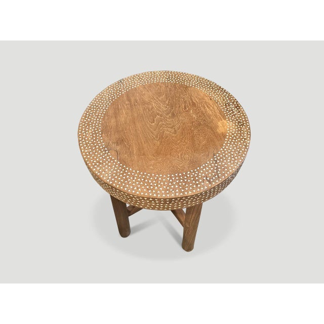 2010s Andrianna Shamaris Minimalist Shell Inlaid Teak Round Side Table or Pedestal For Sale - Image 5 of 5