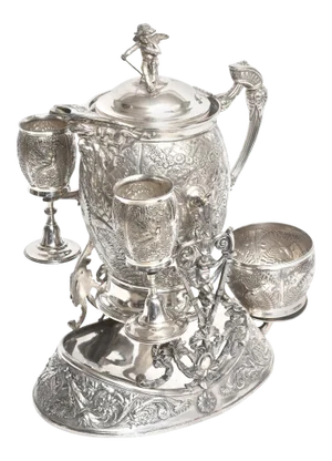Meriden Silver Plate Aesthetic Figural Tilting Pitcher with Bowl & Cups - 5 Pieces