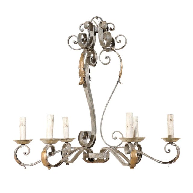 French Painted Iron Six-Light Chandelier With Gilded Acanthus Leaves For Sale - Image 9 of 9