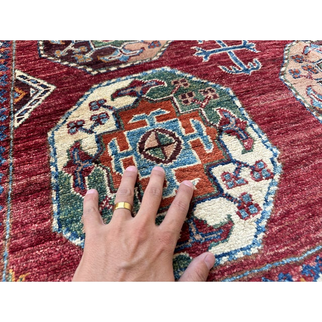 Textile Red Memling Gul Kazak Hand-Knotted Wool Rug - 5'4" X 8'3" For Sale - Image 7 of 15