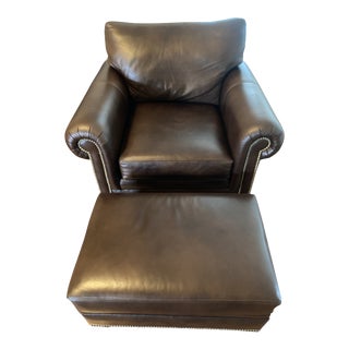 Ethan Allen Leather Conor Chair and Ottoman Set For Sale