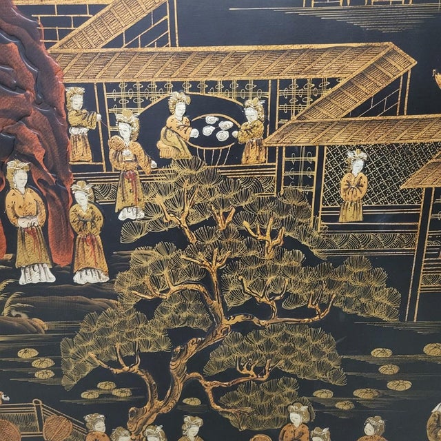 Large Chinoiserie Black Lacquer & Gilt Wall Plaque, 5ft, C. 1970s For Sale - Image 9 of 15