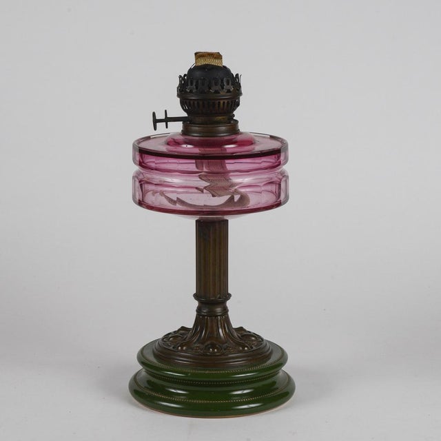 Art Nouveau Ceramic, Glass and Metal Oil Lamp with Original Working Double Wick For Sale - Image 6 of 10