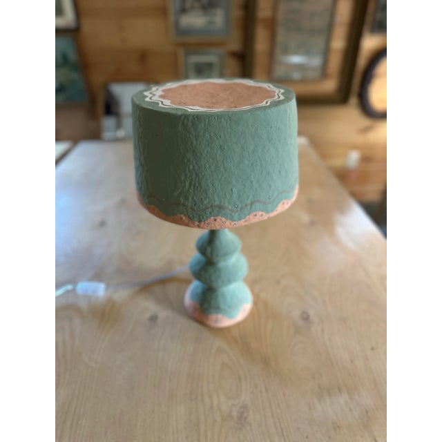 Contemporary Hand Painted Lamp in Greens and Salmon Orange For Sale - Image 3 of 7