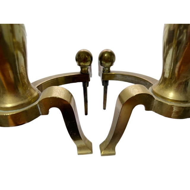 Early 20th Century Antique Federal Cannonball Solid Brass Fireplace Andirons & Damper Hook For Sale - Image 5 of 6