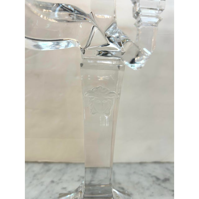 Versace Rosenthal Austria Crystal 3 - Arm Candlesticks With Frosted Medusa on the Center Arm Signed, Inscribed Set of 2 For Sale - Image 11 of 12