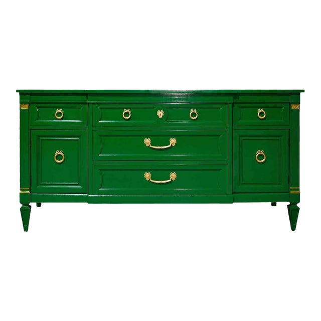 Vintage Transitional Credenza Ribbon Hardware in Green by Thomasville - Newly Painted For Sale