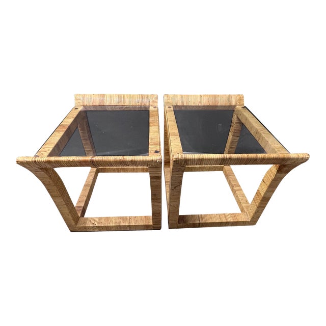 Late 20th Century Pair of Bamboo Wrap Bielecky Brothers Style Side Tables For Sale