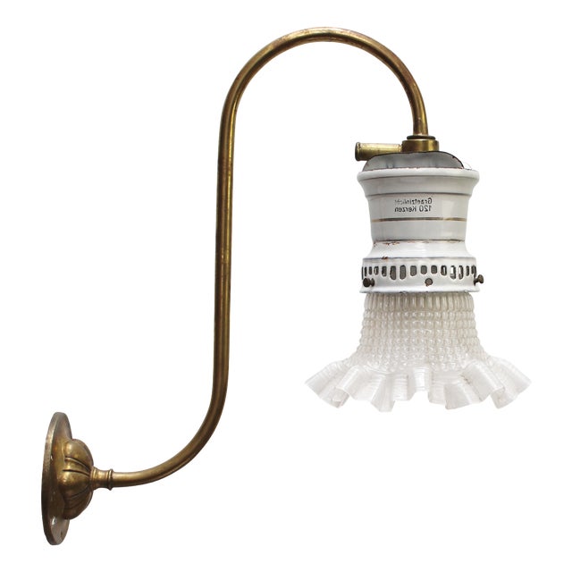 German Holophane Glass Brass and Enamel Converted Gas Wall Lamp, 1900s For Sale