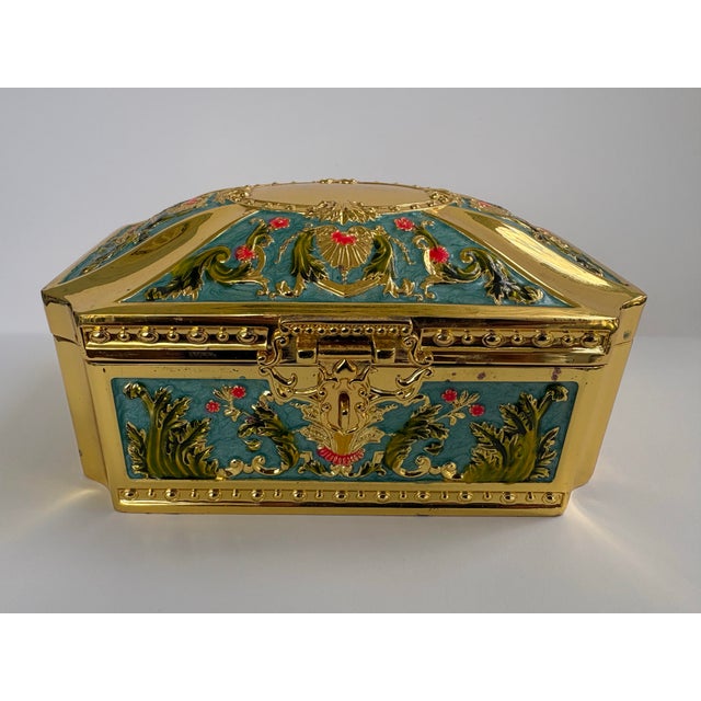 Hollywood Regency Gilt Metal Jewelry Casket With Turquoise Enamel Panels & Velvet Interior For Sale - Image 4 of 11