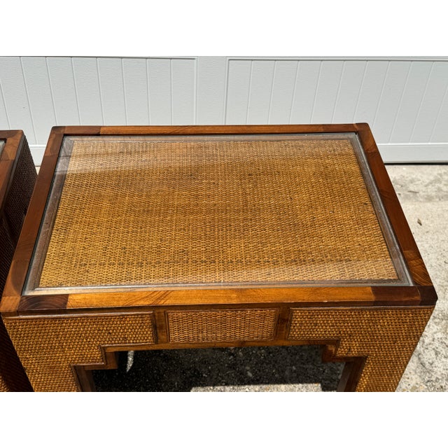 Bielecky Brothers MCM Harrison Van Horn Style Woven Rattan Parsons Side Tables - A Pair For Sale - Image 4 of 12