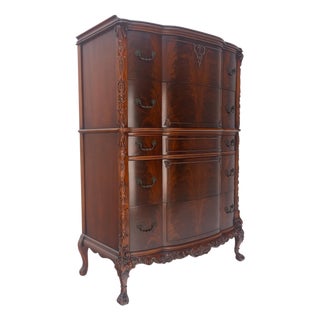 Tall Carved Mahogany Chinese Chippendale Style Bow Front High Chest Dresser For Sale