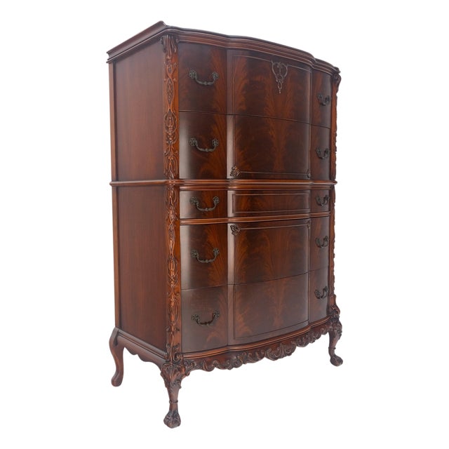 Tall Carved Mahogany Chinese Chippendale Style Bow Front High Chest Dresser For Sale