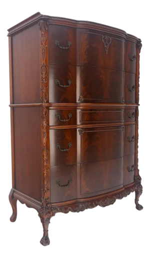 Tall Carved Mahogany Chinese Chippendale Style Bow Front High Chest Dresser